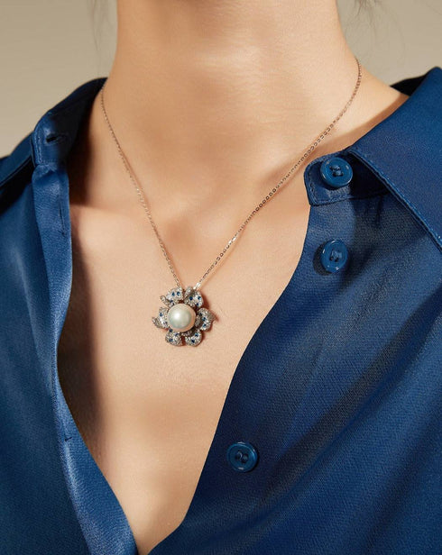 11-12mm Freshwater Pearl &  Full CZ Blue Gem Necklace - House Of Pearls